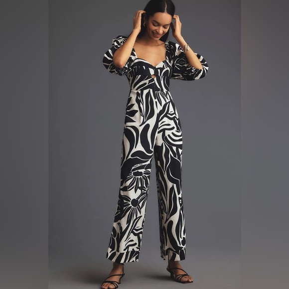 NWT Farm Rio Puff-Sleeve Printed Linen Jumpsuit